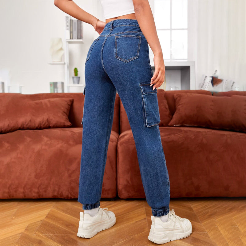 High Waist Flap Pocket Side Cargo Jeans