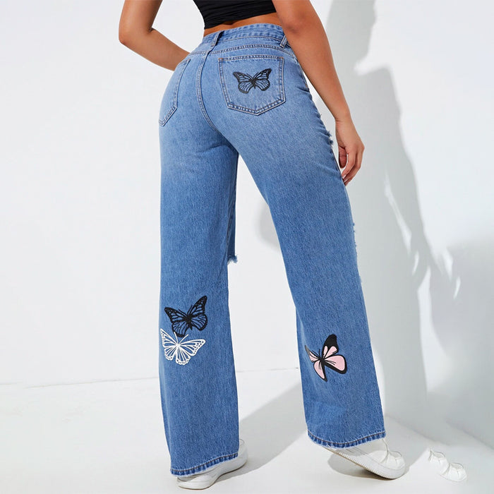 Butterfly Print Ripped Straight Leg Jeans