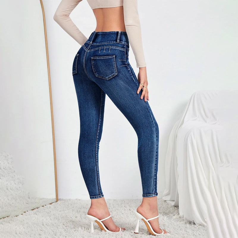 Denim Button Detail Ripped Skinny Jeans