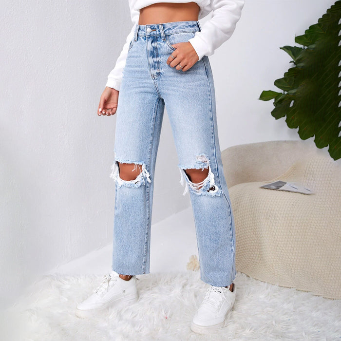 Ripped Raw Cut Straight Leg Jeans