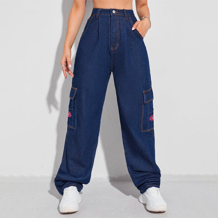 Patched Detail Flap Pocket Wide Leg Jeans