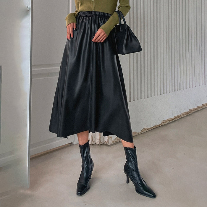 Solid PU Elastic Waist Skirt