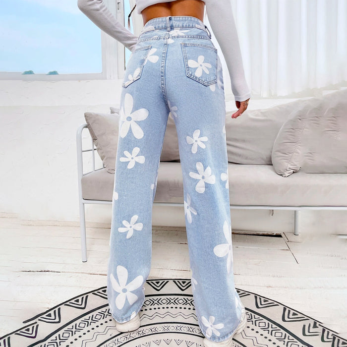 Floral Print Straight Leg Jeans