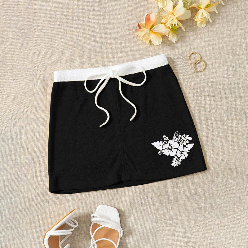 Floral Print Drawstring Waist Bodycon Skirt