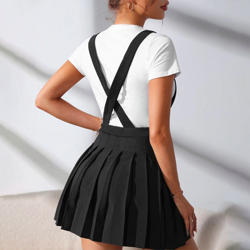 Solid Pleated Suspender Skirt
