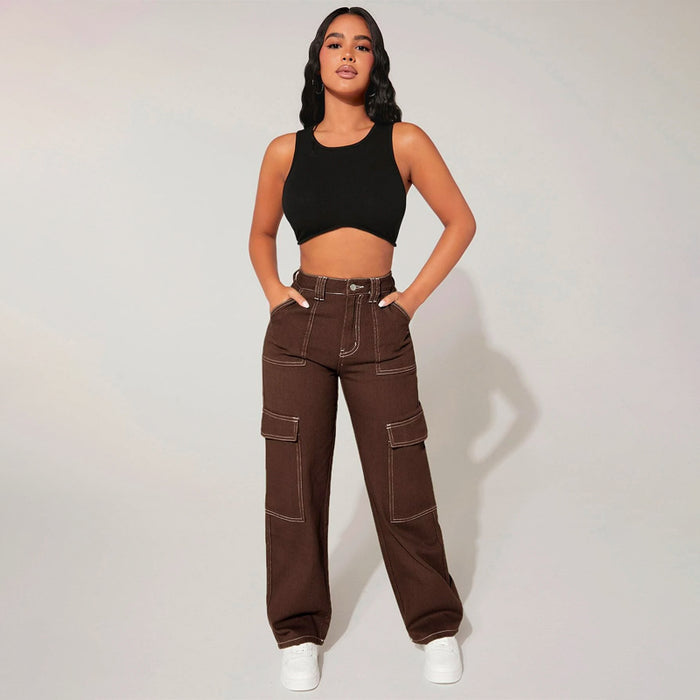 Plain High Waist Flap Pocket Cargo Jeans