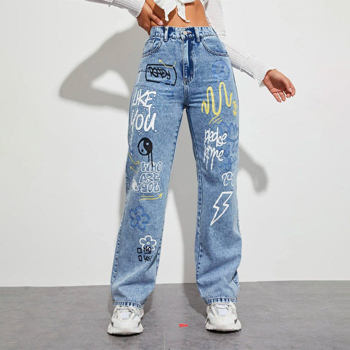 Slogan and Yin & Yang Print Jeans