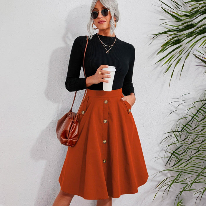 Solid Single Breasted Flare Skirt