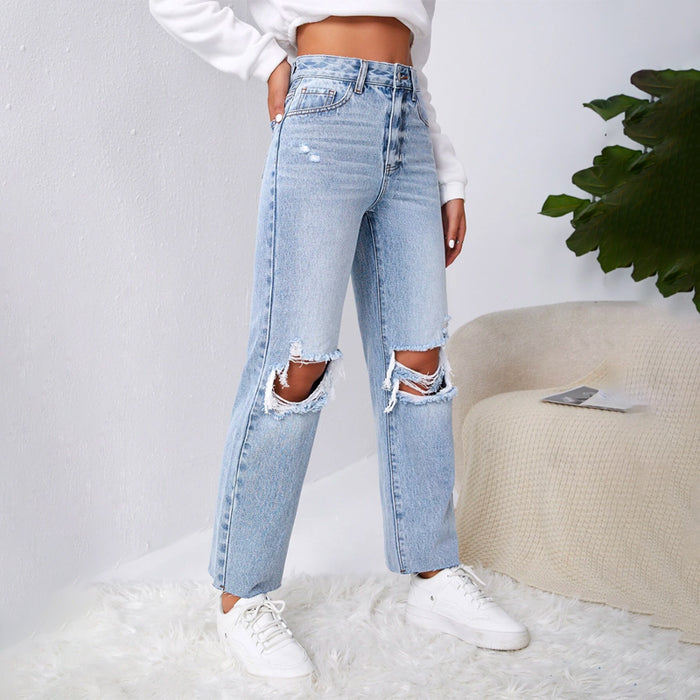 Ripped Raw Cut Straight Leg Jeans