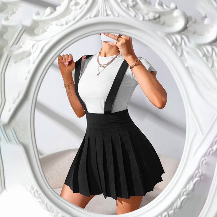 Solid Pleated Suspender Skirt