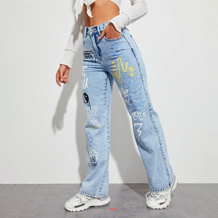 Slogan and Yin & Yang Print Jeans