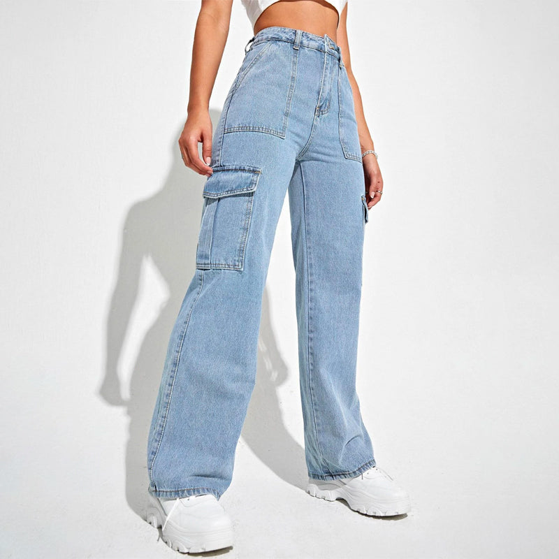 High Waisted Flap Pocket Cargo Jeans