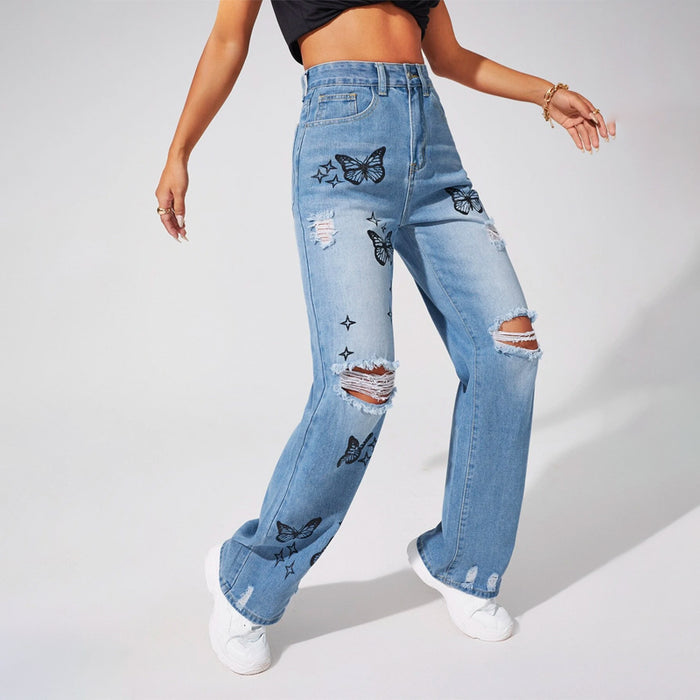 Bleach Wash Ripped Detail Butterfly Jeans