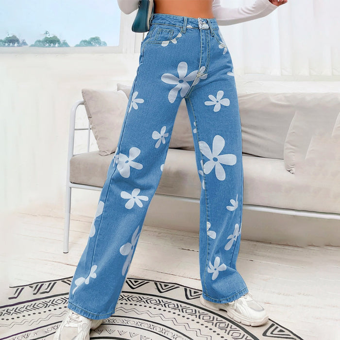 Floral Print Straight Leg Jeans