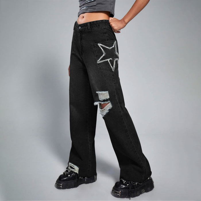 Grunge Punk Ripped Raw Hem Flare Leg Jeans