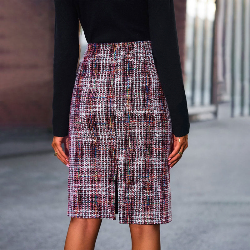 Plaid Split Back Tweed Straight Skirt