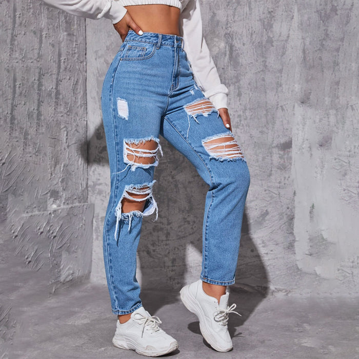 High Waist Ripped Frayed Tapered Jeans