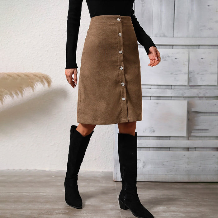 High Waist Button Front Corduroy Skirt