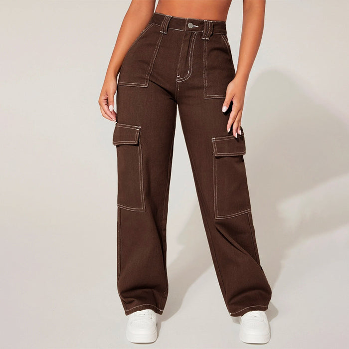 Plain High Waist Flap Pocket Cargo Jeans