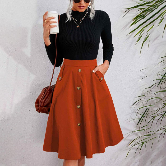 Solid Single Breasted Flare Skirt