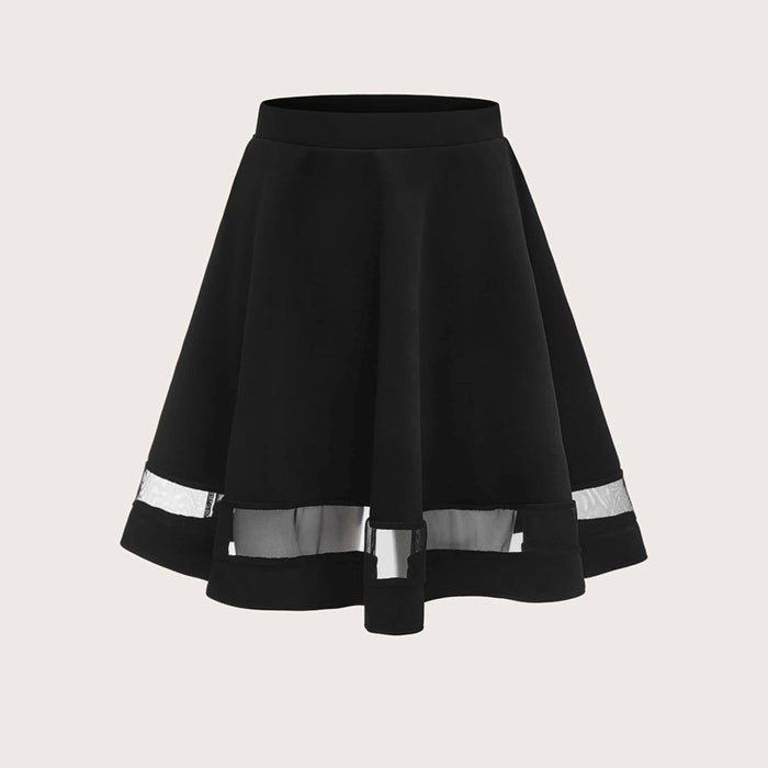 Wide Band Waist Mesh Insert Flare Skirt