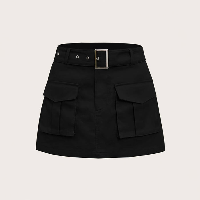 Flap Pocket Buckle Belted Cargo Skirt