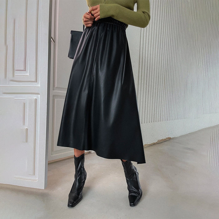 Solid PU Elastic Waist Skirt