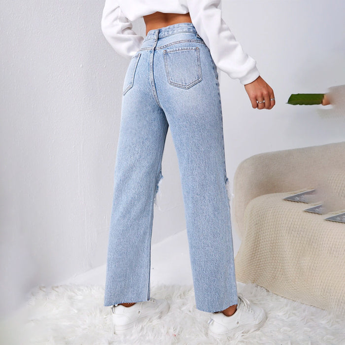 Ripped Raw Cut Straight Leg Jeans