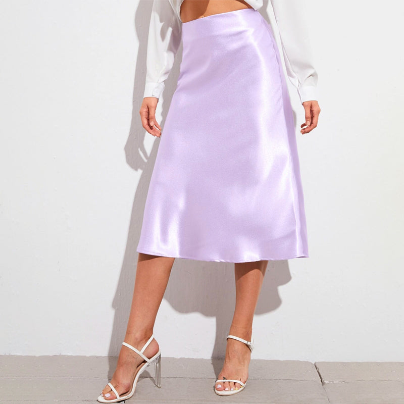 Zipper Side Solid Satin Skirt