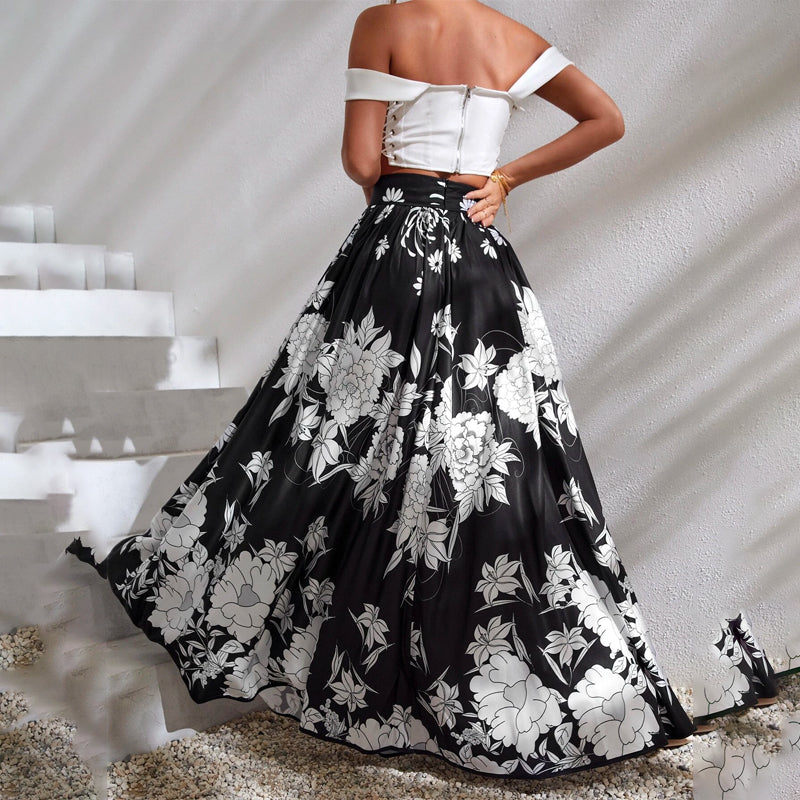 High Waist Floral Print Pleated Skirt