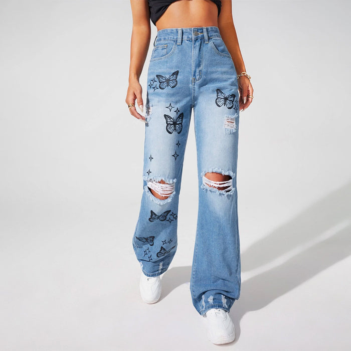 Bleach Wash Ripped Detail Butterfly Jeans