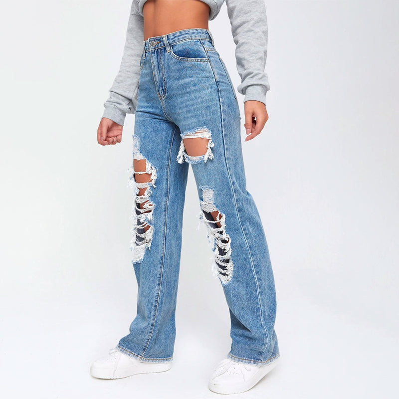 Light Washed Cut Out Ripped Straight Leg Jeans