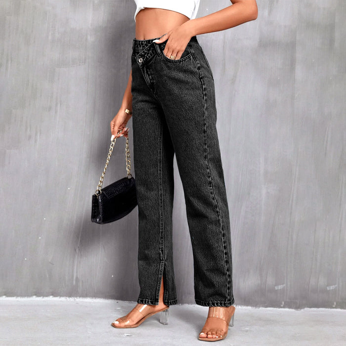 Asymmetrical Waist Straight Leg Denim Jeans