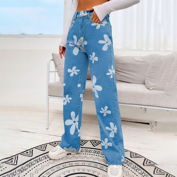 Floral Print Straight Leg Jeans