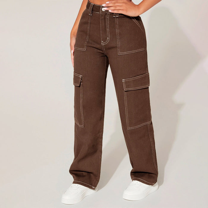 Plain High Waist Flap Pocket Cargo Jeans