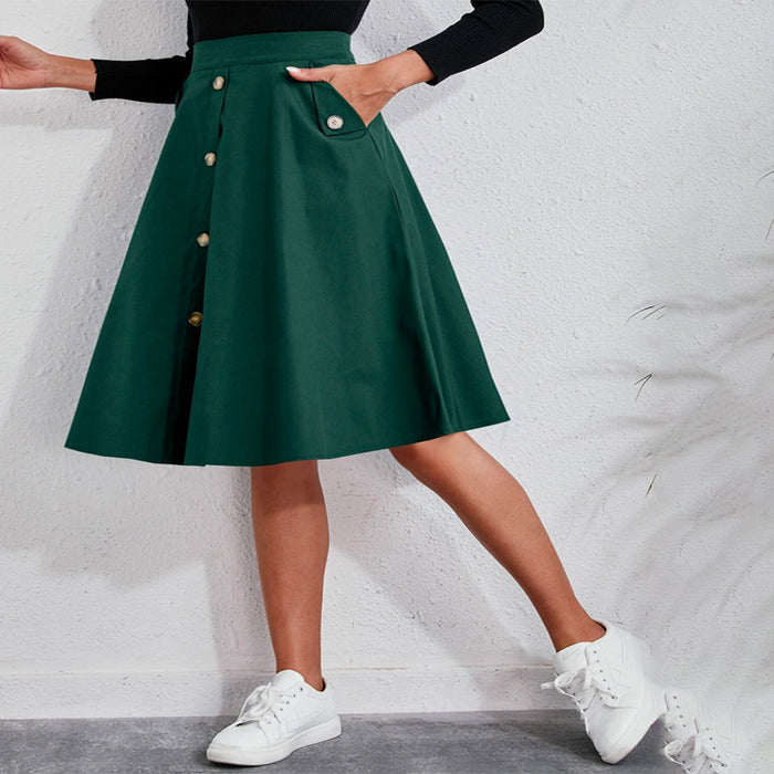 Solid Single Breasted Flare Skirt