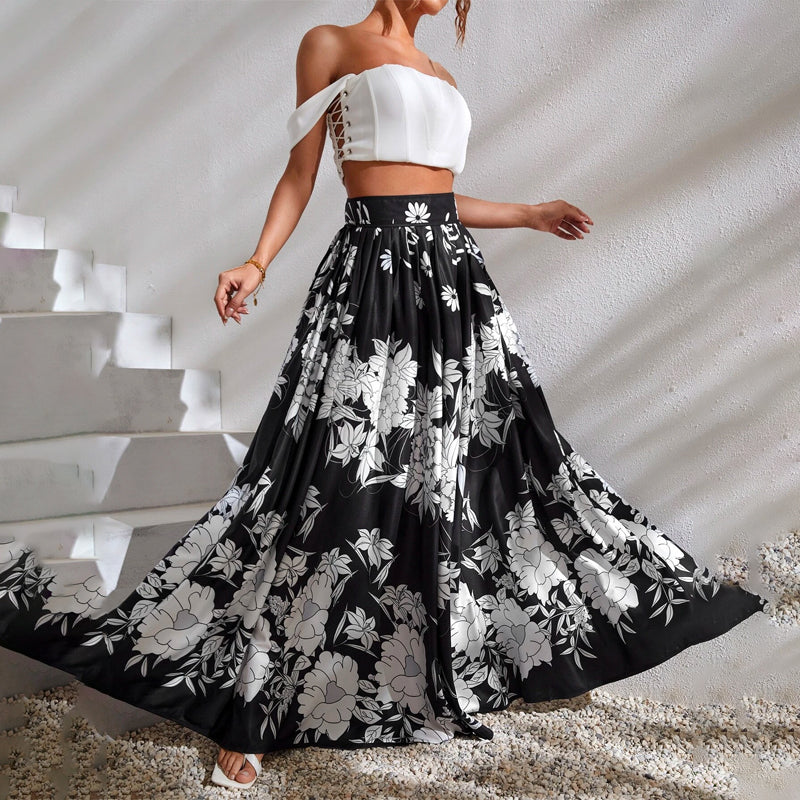 High Waist Floral Print Pleated Skirt
