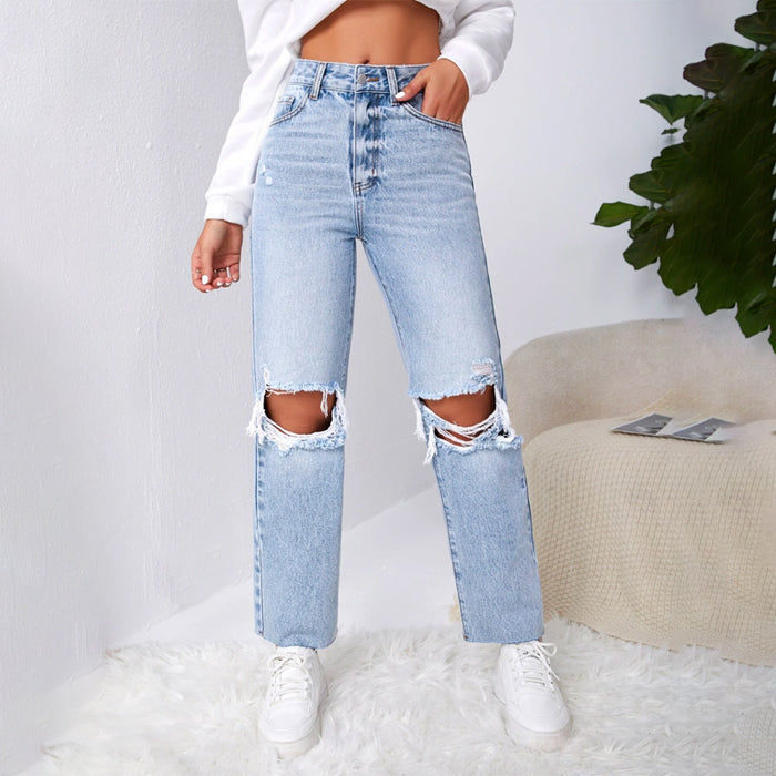 Ripped Raw Cut Straight Leg Jeans