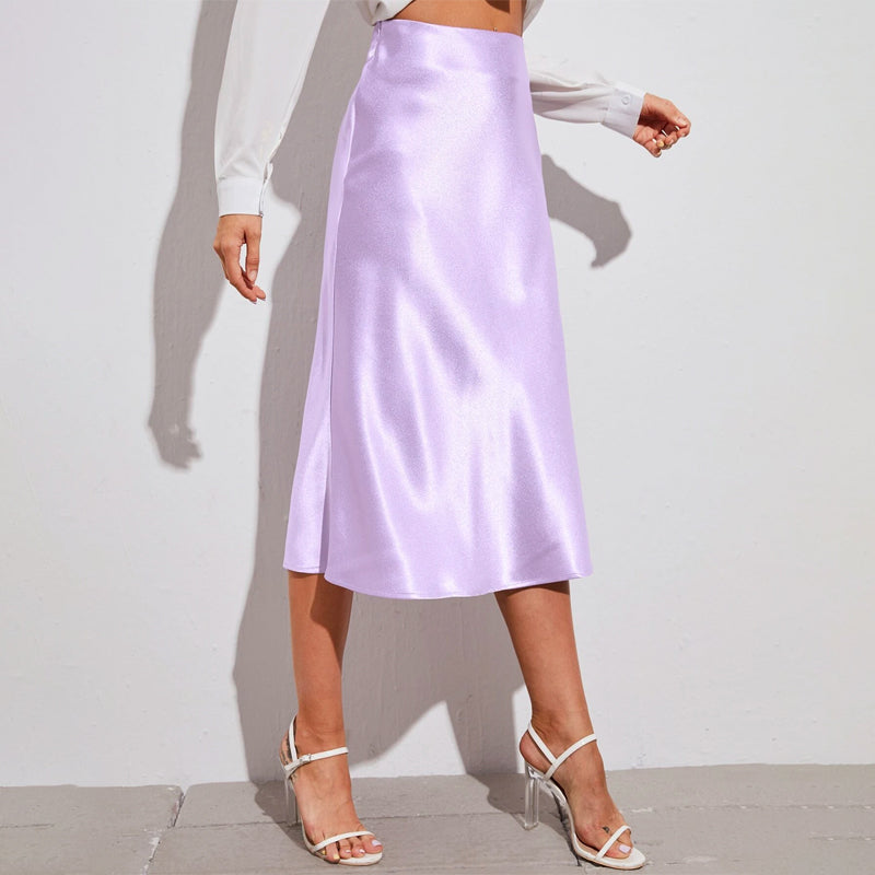 Zipper Side Solid Satin Skirt