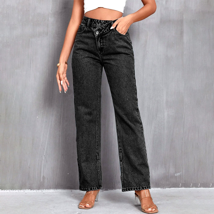 Asymmetrical Waist Straight Leg Denim Jeans