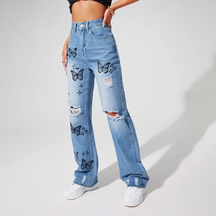 Bleach Wash Ripped Detail Butterfly Jeans