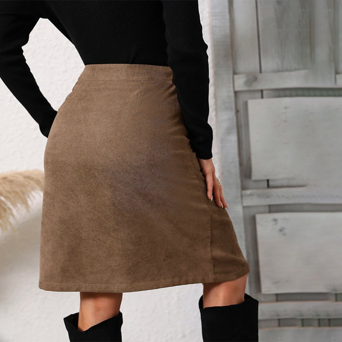 High Waist Button Front Corduroy Skirt