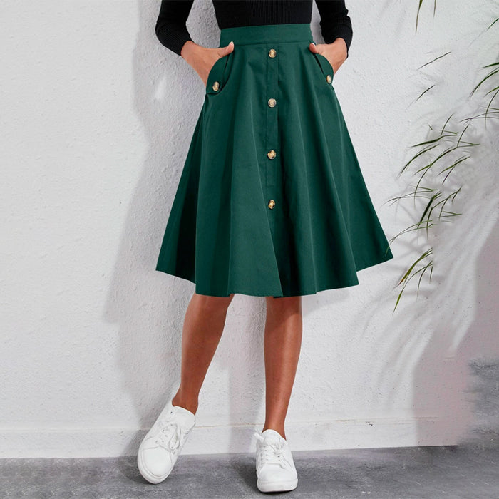 Solid Single Breasted Flare Skirt