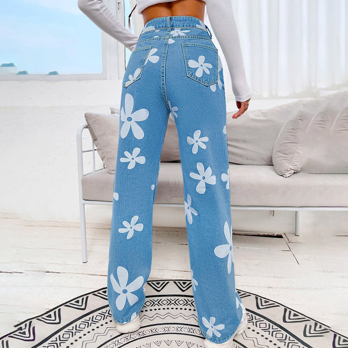 Floral Print Straight Leg Jeans