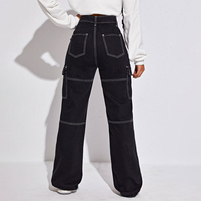 High Waist Flap Pocket Whip Stitch Jeans