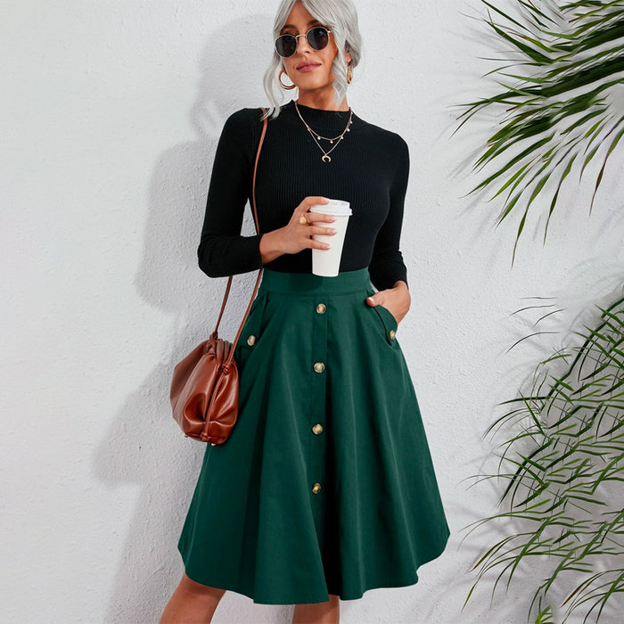 Solid Single Breasted Flare Skirt