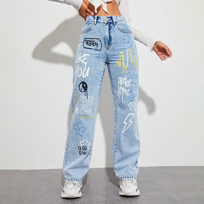 Slogan and Yin & Yang Print Jeans