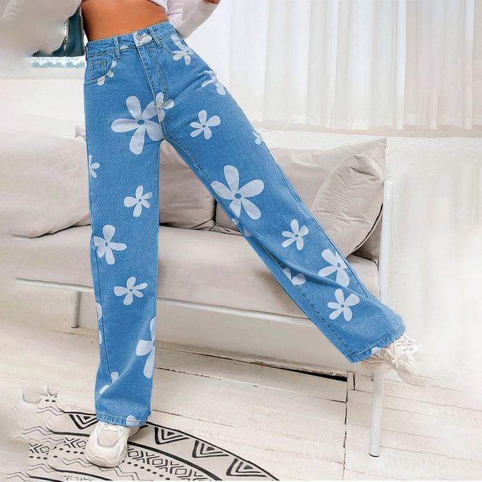 Floral Print Straight Leg Jeans