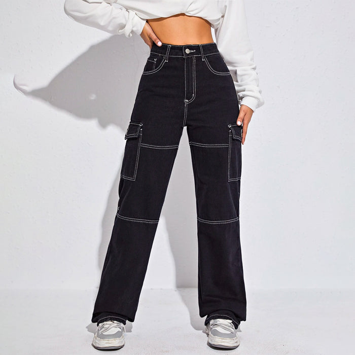 High Waist Flap Pocket Whip Stitch Jeans