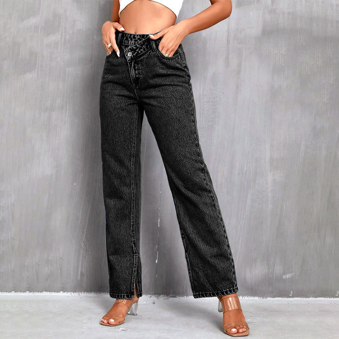 Asymmetrical Waist Straight Leg Denim Jeans